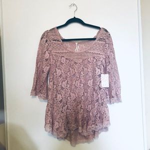 Free people pale pink lace peasant top
